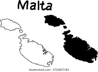 Mapa en blanco y negro de la Ilustración vectorial de Malta, que muestra las principales islas en siluetas delineadas y sólidas con un estilo geográfico limpio y minimalista.