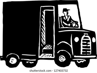 Black and white vector illustration of a man driving a delivery truck
