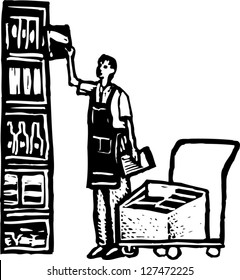 Black And White Vector Illustration Of Man Stocking Grocery Shelves With Groceries