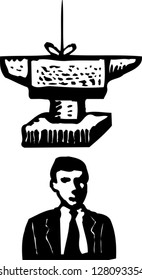 Black And White Vector Illustration Of Man With Anvil Hanging Over His Head