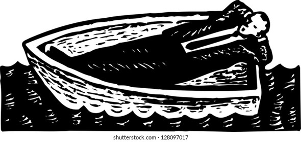 Black and white vector illustration of man floating in boat