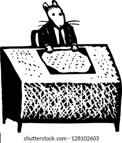 Black and white vector illustration of man mouse sitting at desk