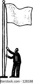 Black and white vector illustration of a man raising a flag