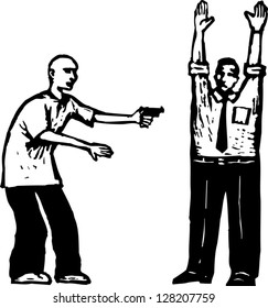 Black and white vector illustration of man getting robbed and mugged by a street criminal
