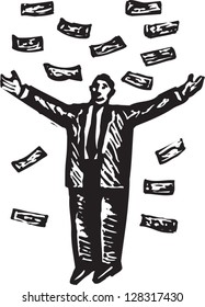 Black and white vector illustration of man with money falling down from the sky