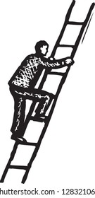 Black and white vector illustration of man climbing stairs