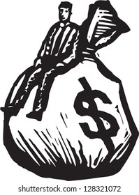 Black and white vector illustration of a man sitting on a sack of money