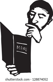 Black and white vector illustration of man reading the menu