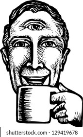 Black and white vector illustration of a man drinking coffee