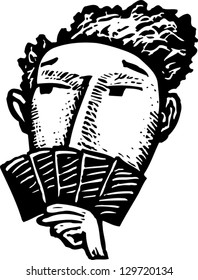 Black and white vector illustration of man playing poker
