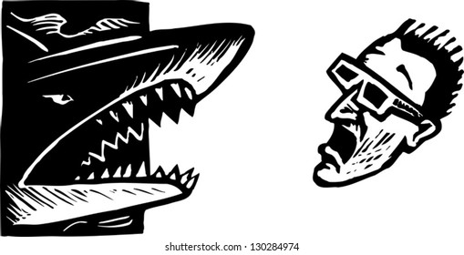 Black and white vector illustration of man wearing 3d glasses