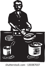 Black and white vector illustration of man cooking