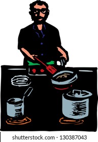 Black and white vector illustration of man cooking