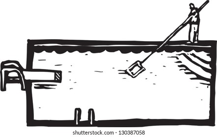 Black and white vector illustration of man cleaning pool