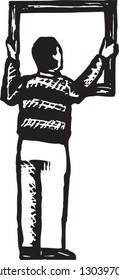 Black and white vector illustration of man hanging a picture