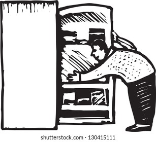 Black and white vector illustration of man taking food from the refrigerator