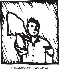 Black and white vector illustration of man washing window