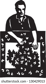 Black and white vector illustration of man making a puzzle