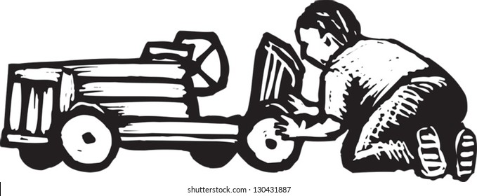 Black and white vector illustration of a man with a toy car