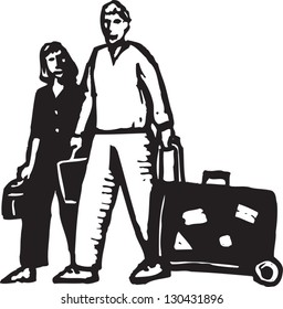 Black and white vector illustration of man and woman traveling