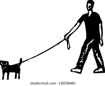 Black and white vector illustration of man walking with his dog