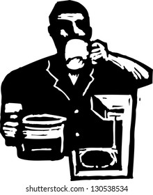 Black and white vector illustration of a man drinking coffee