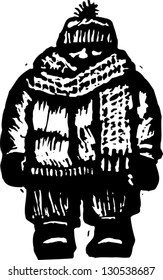 Black and white vector illustration of a man wearing winter clothes