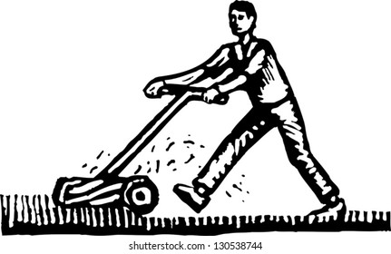 Black and white vector illustration of man mowing lawn