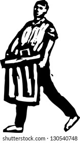 Black and white vector illustration of a man taking out trash