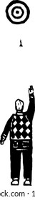 Black and white vector illustration of man playing darts
