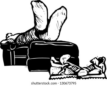 Black and white vector illustration of a man sleeping on a couch