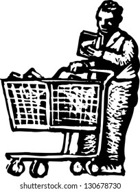 Black and white vector illustration of man pushing a shopping cart