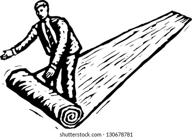 Black and white vector illustration of man rolling out a red carpet