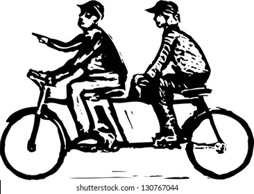 Black and white vector illustration of man and woman riding a tandem bicycle