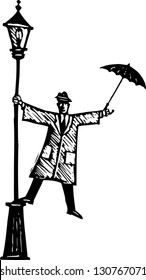 Black and white vector illustration of man singing in the rain