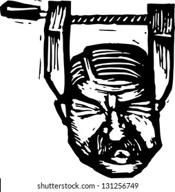 Black and white vector illustration of man having a headache