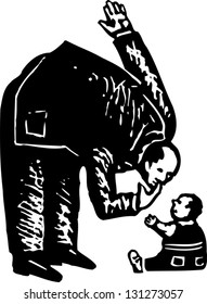 Black and white vector illustration of man looking at a baby
