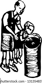 Black and white vector illustration of man helping boy getting water at drinking fountain