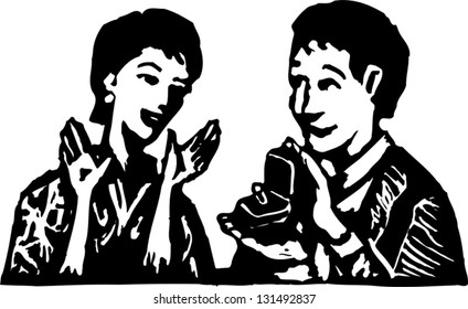 Black and white vector illustration of man proposing marriage with engagement ring