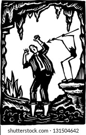 Black and white vector illustration of man in hell