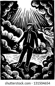 Black and white vector illustration of man in heaven