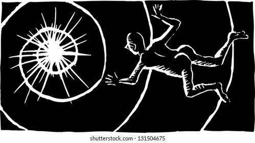 Black and white vector illustration of man between life and death