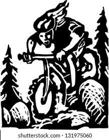 Black and white vector illustration of man mountain biking