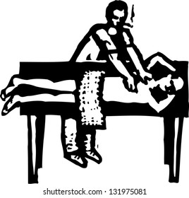 Black and white vector illustration of man getting a massage