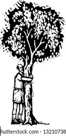 Black and white vector illustration of a man hugging a tree