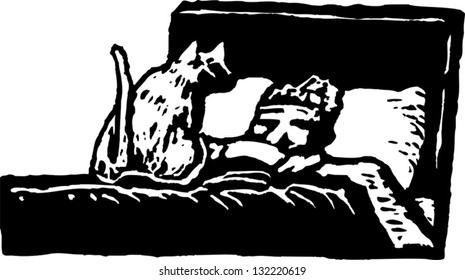 Black and white vector illustration of a man in bed with a cat