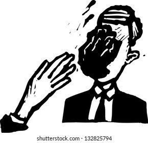 Black and white vector illustration of man having mud slung in face