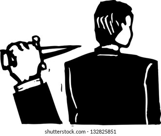 Black and white vector illustration of man about getting stabbed in back