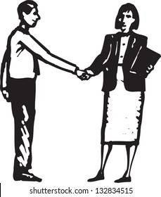 Black and white vector illustration of man and woman shaking hands