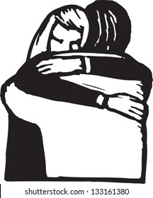 Black and white vector illustration of man and woman hugging each other